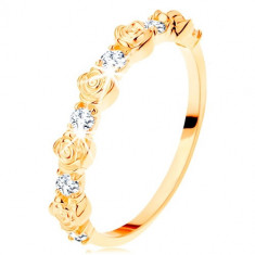 Inel de aur galben de 14K - trandafiri așezați alternativ și zirconii rotunde, transparente - Marime inel: 55
