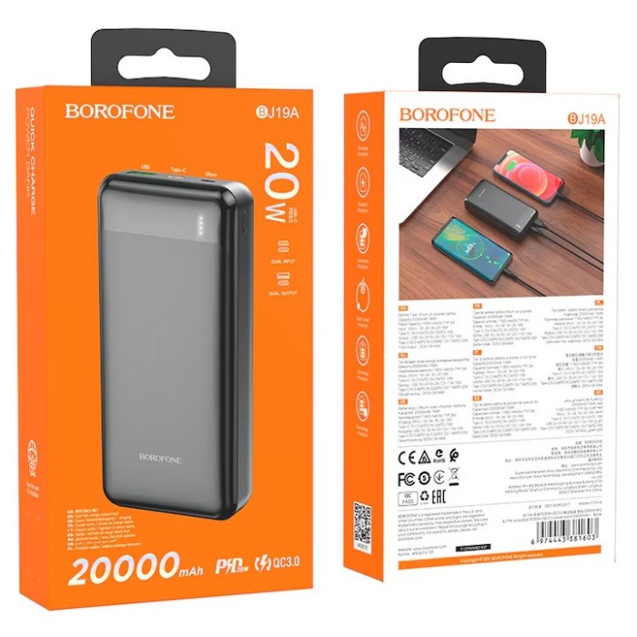 Acumulator Extern Power Bank Borofone BJ19A Incredible, 20000 mA, Power Delivery (PD) 20W - Quick Charge 3.0 - Negru