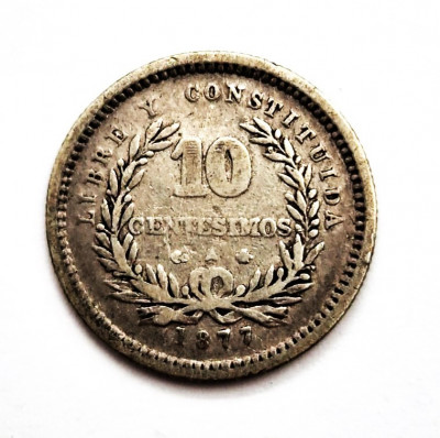 moneda argint Uruguay 10 centesimos 1877 AG . 900 km # 14 foto