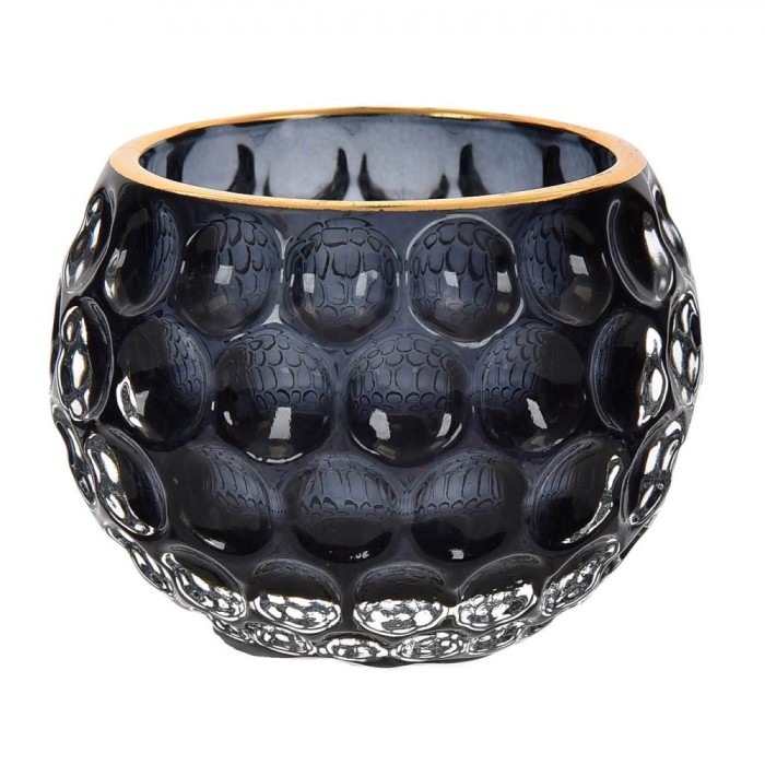 Suport Lum&acirc;nare Sticlă, Model cu Margine Aurie, Negru, 7.8x6cm