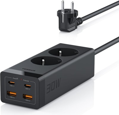 Prelungitor Tessan , ZTS-FS01DE, 2X USB-C, 2x USB, 2 prize, incarcare rapida USB-C, 30W, 2m, negru foto
