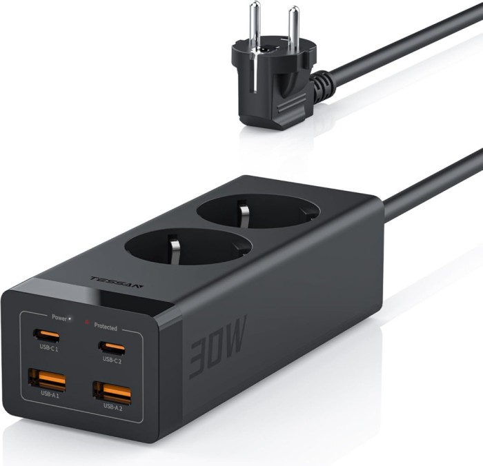 Prelungitor Tessan , ZTS-FS01DE, 2X USB-C, 2x USB, 2 prize, incarcare rapida USB-C, 30W, 2m, negru