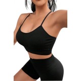 Set fitness din 2 piese, Top fara spate + Colanti scurti cu efect push up, Negru - S