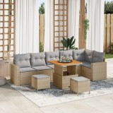 Set Sofa Grădină 9 Piese cu Pernuțe Bej Ratan Poliester Acacia, Set Masa Grădină 3 Piese cu Pernuțe Bej Ratan Poliester Acacia, vidaXL