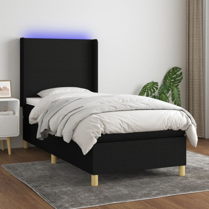 vidaXL Pat cu arcuri, saltea și LED, negru, 100x200 cm, textil 3138695