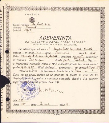 A1445 Atestat de absolvire 4 clase primare, București, școala nr. 30, 1937 foto