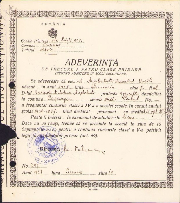 A1445 Atestat de absolvire 4 clase primare, București, școala nr. 30, 1937