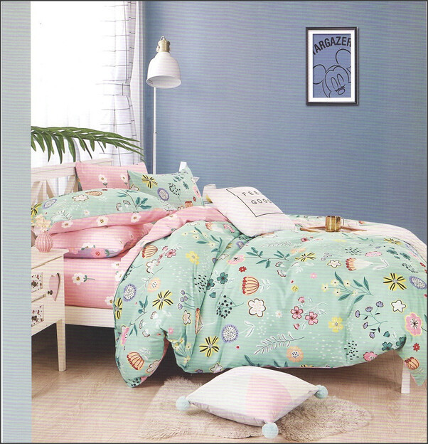 Lenjerie de pat pentru o persoana cu husa elastic pat si 2 fete perna dreptunghiulara, Diantha, bumbac mercerizat, multicolor