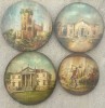Set 4 tablouri Cladiri si Peisaje Medievale, Picturi in ulei pe lemn, tip capac butoi, 45 cm diametru, Scene gen, Realism