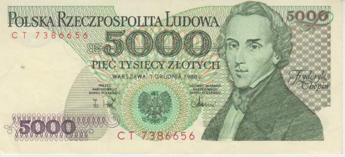 M1 - Bancnota foarte veche - Polonia - 5000 zloti - 1988