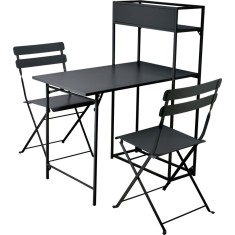 Set masa si 2 scaune pliabile cu etajera metalica , design compact pentru balcon sau bucatarie