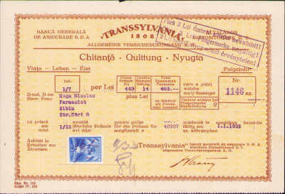 HST A993 Chitanță Asigurări Transsylvania 1933 foto