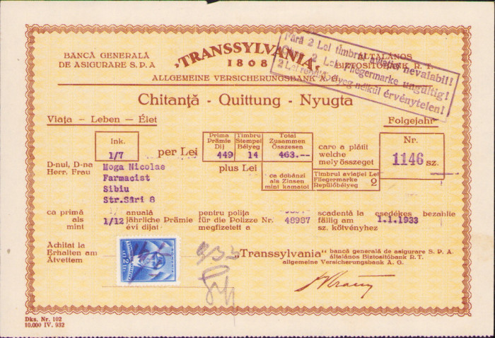 HST A993 Chitanță Asigurări Transsylvania 1933