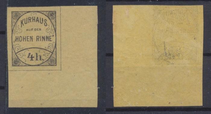 Posta locala Paltinis Hohe Rinne timbru 4 heller nedantelat din 1900 MNH colt de coala. Foarte rar, tirajul prezumat este de 204 exemplare.