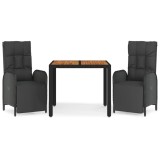 Set mobilier de gradina cu perne, 3 piese, negru, poliratan