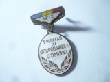 Insigna Fruntaș &icirc;n gospodărirea comunei 1972 , h=3,5cm , metal si email