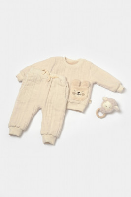 Set bluza dublata si pantaloni Ursulet, Winter muselin, 100% bumbac - Stone, BabyCosy (Marime: 6-9 luni) foto