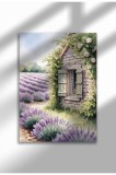 Poster pe p&acirc;nză cu lavandă, fără ramă - Imprimare digitală pe p&acirc;nză mată - Căsuță din piatră cuibărită &icirc;n lavandă | A3 (29.7 x 42 cm)