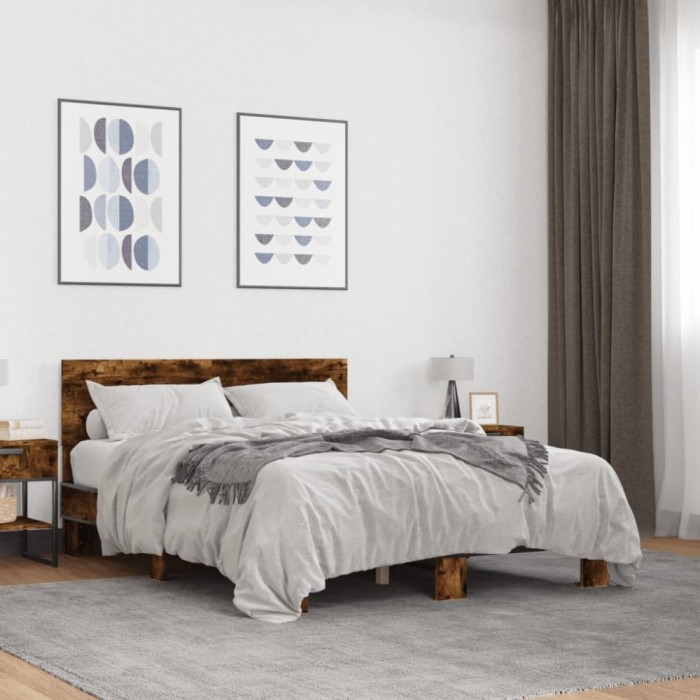 vidaXL Cadru de pat, stejar fumuriu 140x200 cm lemn prelucrat și metal 3280194