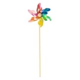 Moară de v&acirc;nt decorativă mini, multicoloră, holografică, 27 cm, pe băț de lemn, CMCLASS