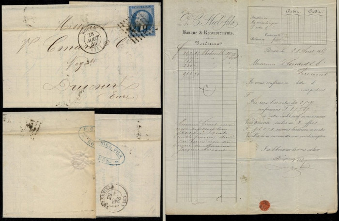 France 1865 Postal History Rare Cover + Content Rouen to Drucourt D.621