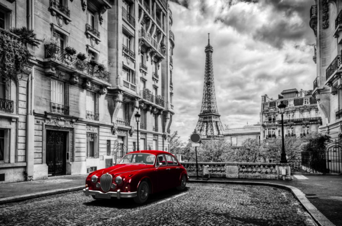 Fototapet de perete autoadeziv si lavabil Masina rosie, turn Eiffel, retro, 270 x 200 cm