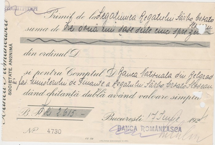 ROMANIA Banca Romaneasca Societate Anonima chitanta Bucuresti 1924