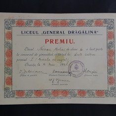 Diploma / premiu 1928 Oravita liceul General Dragalina , premiul 2