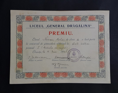 Diploma / premiu 1928 Oravita liceul General Dragalina , premiul 2 foto