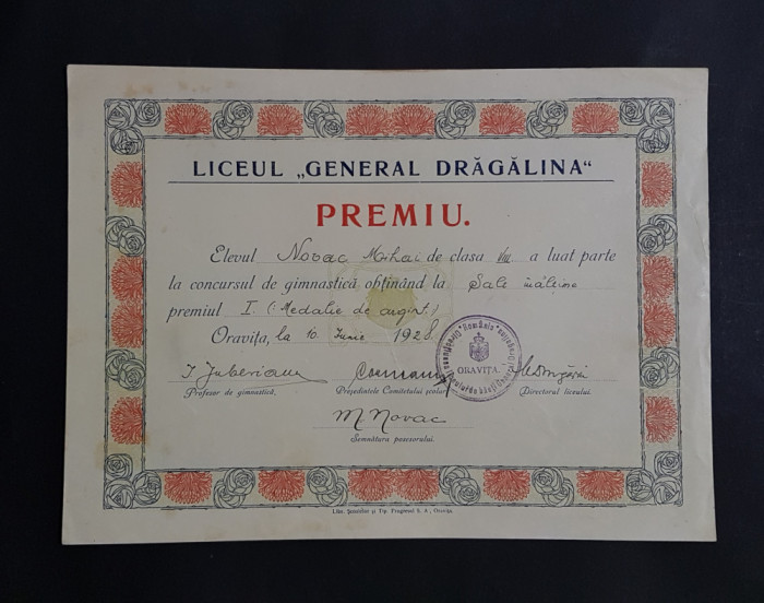 Diploma / premiu 1928 Oravita liceul General Dragalina , premiul 2