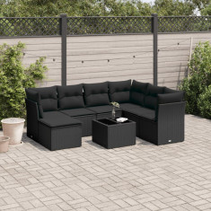 Set mobilier de gradina cu perne, 8 piese, negru, poliratan