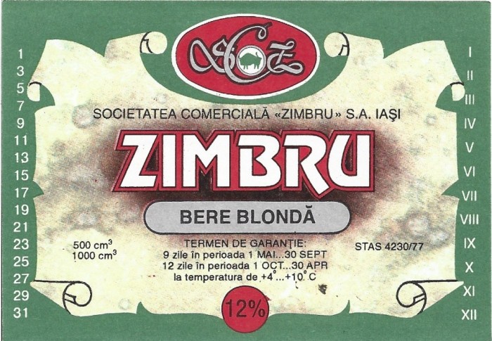 NI455 Etichetă bere blondă Zimbru, Societatea comercială Zimbru SA Iași, &icirc;nceputul anilor 1990