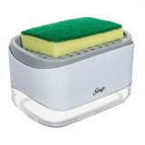 Dispenser 2 in 1 pentru detergent lichid de vase cu suport pentru burete, 14x10x8cm, plastic, Gri-Alb