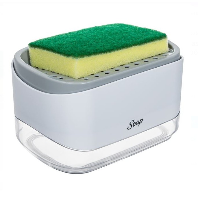 Dispenser 2 in 1 pentru detergent lichid de vase cu suport pentru burete, 14x10x8cm, plastic, Gri-Alb