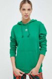 Adidas Originals hanorac de bumbac femei, culoarea verde, cu glugă, neted
