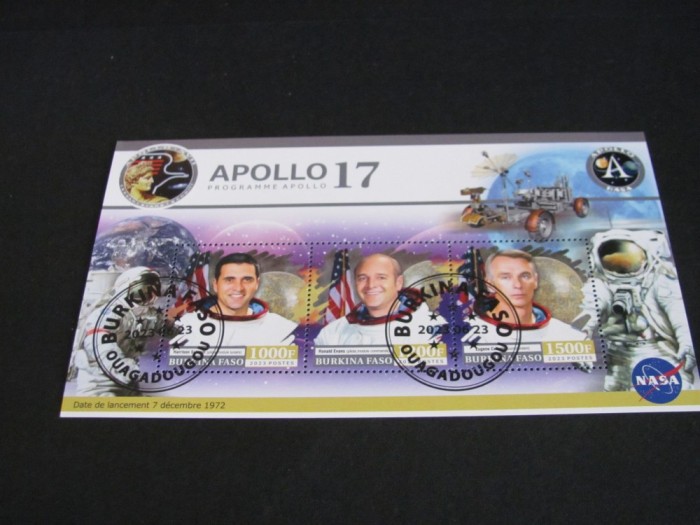 Bloc filatelic Burkina Faso 2023 (3 valori). Apollo 17 Prima Misiune Lunară cu Echipaj