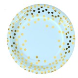 Set 10 farfurii unica folosinta, flippy, imprimeu cu buline, din carton, diametru 23 cm, albastru/auriu