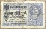 BNKSTR03DE Bancnotă Veche Germania 5 Mark 1917 (Darlehnskassenschein), Primul Război Mondial, Imperiul German, Colecție / Numismatică