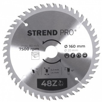 Disc pentru fierastrau circular Strend Pro TCT 160x2.2x20 / 16 mm, 48T, pentru lemn foto