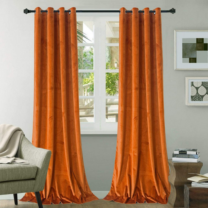 Draperie din catifea cu inele crom, Madison, 150x260 cm, densitate 700 g/ml, Portocaliu, 1 buc