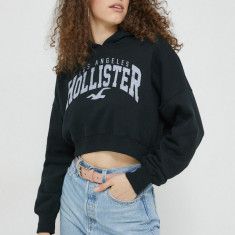 Hollister Co. bluza femei, culoarea negru, cu glugă, cu imprimeu