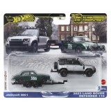 Transportator cu masinuta Hot Wheels, Team Transport, 2023 Land Rover Defender 110 si Jaguar MK1, JBM29
