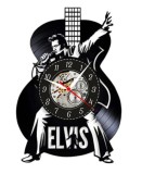 Ceas de perete decorativ realizat din disc de vinil, Model Elvis Presley, Silueta Chitara, Postura Scena, Text ELVIS, Negru Premium, 30 cm