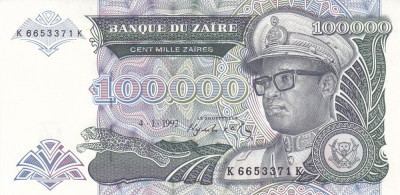 Bancnota Zair 100.000 Zaires 1992 - P41 UNC foto