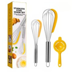 Kit de 3 ustensile pentru bucătărie eMazing: 2 teluri și un separator de ouă, realizate din inox și silicon, culoare galbenă