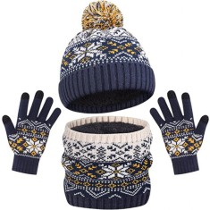 Set bleumarine cu crem imblanit - caciulita cu fular si manusi (Marime