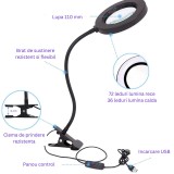 Lupa de masa de 110 mm diametru, cu iluminare LED, ajustabila, Lampa cu 10 niveluri de luminozitate, clema de fixare si 3 culori selectabile