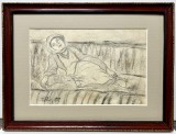 Toader Schipor 1959 Tablou Portret Fetiță Bucovineana pe Laviță grafică crochiu &icirc;n cărbune &icirc;nrămat 23x31 cm