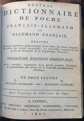 Dicţionar bilingv Francez-Gernman de buzunar, 2 tomuri, Leipzig, 1802. foto