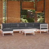 Set mobilier de gradina cu perne, 8 piese, alb, lemn masiv pin